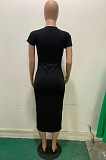 Slogon Print Front Ripped Shoulder Long Dress LD8703