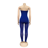 Blue Strapless Drawstring Mesh Bottom Skinny Jumpsuit XZ3534