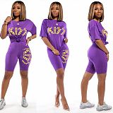 Purple Front Word Print Knotted Front Shorts Sets KK8187
