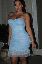 Blue Polka Dot Spaghetti Strap Lace Hem Cami Dress YYZ825