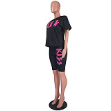 Pink Front Word Print Knotted Front Shorts Sets KK8187