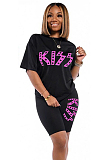Pink Front Word Print Knotted Front Shorts Sets KK8187