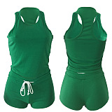 Green Solid Color Tanks Drawstring Waist Top & Shirred Short Pants Set QQM3147