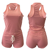 Pink Solid Color Tanks Drawstring Waist Top & Shirred Short Pants Set QQM3147