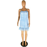 Blue Polka Dot Spaghetti Strap Lace Hem Cami Dress YYZ825