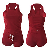 Red Solid Color Tanks Drawstring Waist Top & Shirred Short Pants Set QQM3147