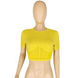 Yellow Solid color Crop Short Sleeve Blouse  YYZ932