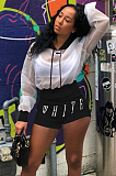 White Mesh Puff Shoulder Hoodie Blouse & Shorts Sets MF8811