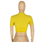 Yellow Solid color Crop Short Sleeve Blouse  YYZ932