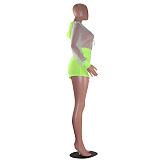 Mesh Puff Shoulder Hoodie Blouse & Green Shorts Sets MF8811