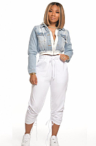 White Solid Color Shirred Details Pants QZ6087
