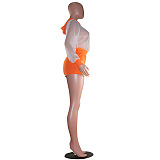 Mesh Puff Shoulder Hoodie Blouse & Orange Shorts Sets MF8811