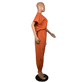 Orange Drop Shoulder Shirred Details Self-tied Jumpsuit OEP6155