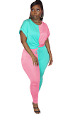 Two Tones Blue&Pink Front Twist Roll-up Sleeve Pants Set OEP6160