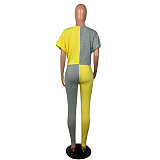 Two Tones Blue&Yellow Front Twist Roll-up Sleeve Pants Set OEP6160