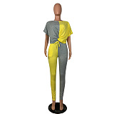 Two Tones Yellow&Gray Front Twist Roll-up Sleeve Pants Set OEP6160