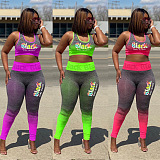Pink Front Logo Print Crop Tank Top & Mid-rise Skinny Pants Sets HY5144
