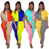 Two Tones Blue&Yellow Front Twist Roll-up Sleeve Pants Set OEP6160