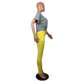 Two Tones Yellow&Gray Front Twist Roll-up Sleeve Pants Set OEP6160