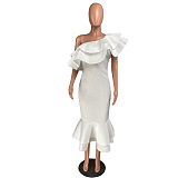 White Asymmertrical Shoulder Wave Ruffles Layers Bottom Skinny Dress W8260