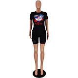 Black Bear Graphic Print Shirt & Ripped Shorts Sets HY5146