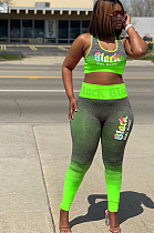 Green Front Logo Print Crop Tank Top & Mid-rise Skinny Pants Sets HY5144