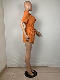Orange Turn-down Collar Drawstring&Shirred Waist Self-knotted Shorts Sets KDN1186