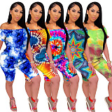 Multicolor Tied-dye Strapless Roll-up Sleeve Shorts Sets KK8191