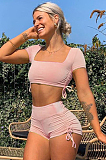 White Solid Color Square Neck Side Knotted Crop Top & Shorts Sets HG5322