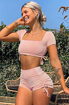 Pink Solid Color Square Neck Side Knotted Crop Top & Shorts Sets HG5322