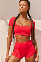 Red Solid Color Square Neck Side Knotted Crop Top & Shorts Sets HG5322