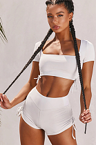 White Solid Color Square Neck Side Knotted Crop Top & Shorts Sets HG5322