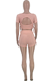 Pink Solid Color Square Neck Side Knotted Crop Top & Shorts Sets HG5322