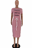 Pink Front Slogan Print Self-tied Loose Shirt Dress YT3211