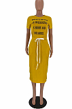 Yellow Front Slogan Print Self-tied Loose Shirt Dress YT3211