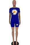 Blue Daisy Flower Front Print Shirt Top & Shorts Sets YT3218