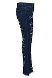 Dark Blue Ripped Bell-bottom Jeans Pants SMR2252