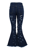 Dark Blue Ripped Bell-bottom Jeans Pants SMR2252