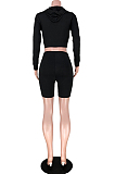 Black Solid Color Crop Hoodie & Shorts Sets GL6260