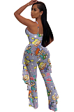 Comic Figure Graphic Random Print Front Hollow-out Pleated Side Cami Jumpsuit