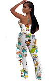 Comic Figure Graphic Random Print Front Hollow-out Pleated Side Cami Jumpsuit