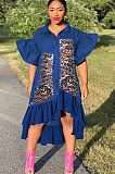 Lake Blue Front Sequins Patched Pleated Puff Sleeves Shirt Dress F8277