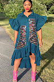 Royal Blue Front Sequins Patched Pleated Puff Sleeves Shirt Dress F8277