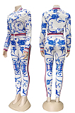 Overall Floral Graphic Print Zip-up Top & Side Stripes Skinny Pants Set YZ2166