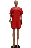 Red V Neck Solid Color Long Shirt Top &Shorts Sets TRS1025