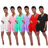 Pink V Neck Solid Color Long Shirt Top &Shorts Sets TRS1025