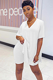 White V Neck Solid Color Long Shirt Top &Shorts Sets TRS1025