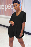 Black V Neck Solid Color Long Shirt Top &Shorts Sets TRS1025