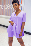 Purple V Neck Solid Color Long Shirt Top &Shorts Sets TRS1025