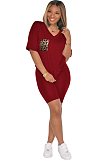 Wine Red Solid Color Front Leopard Graphic Flat Pokect Patched Shirt Top & Shorts Sets 
